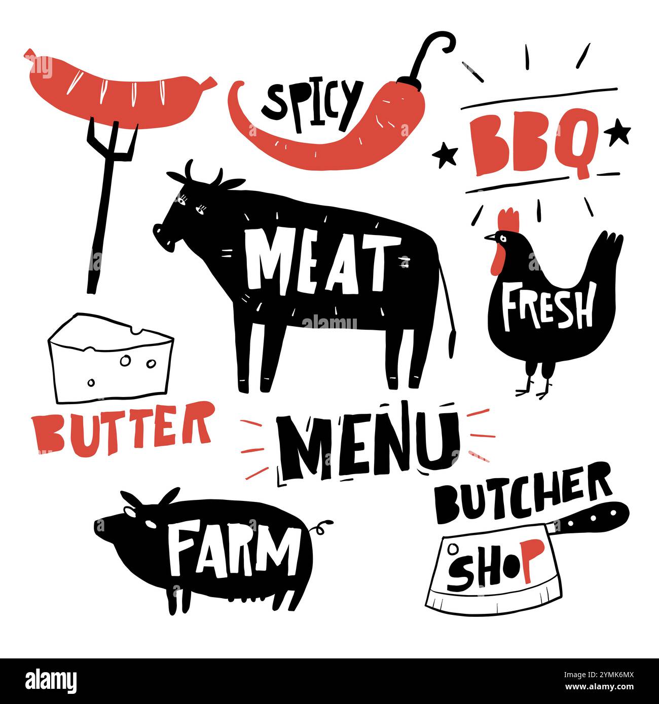 Set of barbecue elements drawn in doodle vector. For the design of the ...