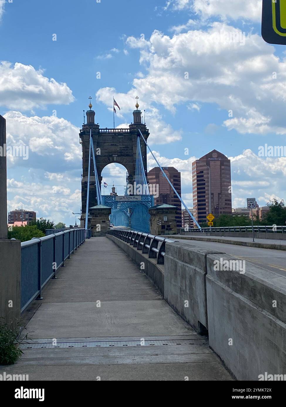 The John A. Roebling Suspension Bridge spans the Ohio River between Cincinnati, OH and Kentucky from the KY side - Smartphone Captured Stock Image