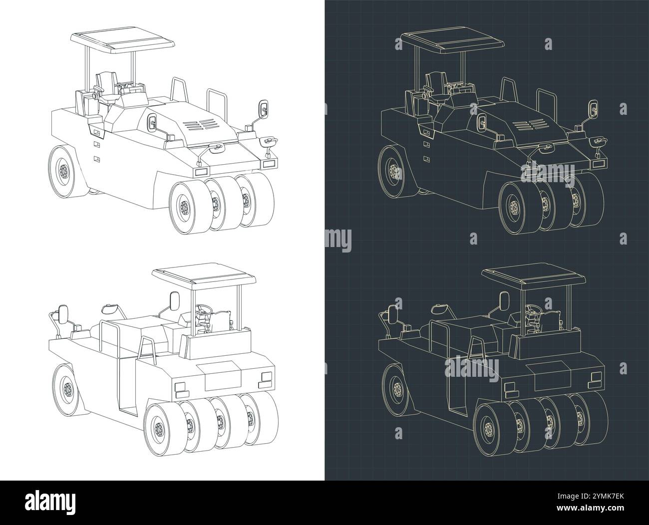 Pneumatic road roller isometric blueprints Stock Vector