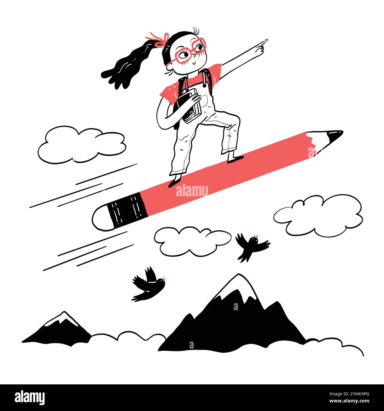 Back to school concept and little girl sitting on pencil is flying in ...