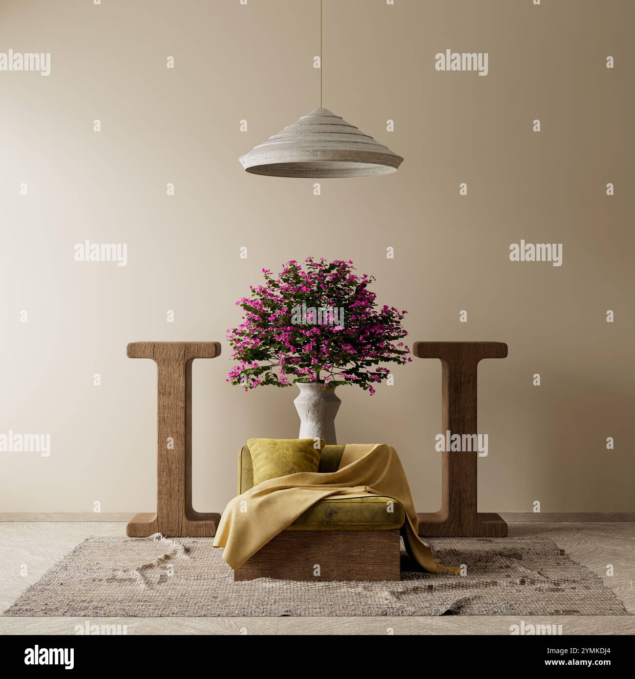 Boho style decorated livinig room. Modern, authentic Interior design of living room. 3D illustration Stock Photo