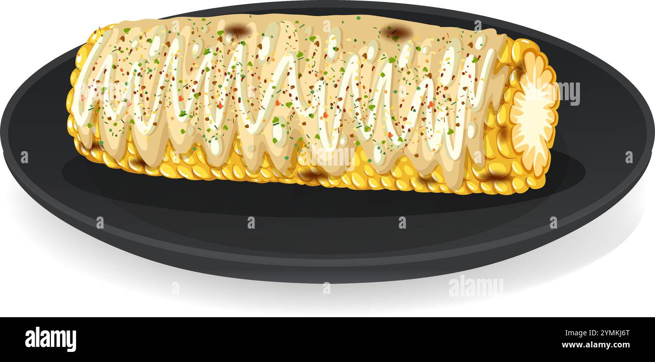 Grilled corn with creamy toppings on a plate Stock Vector