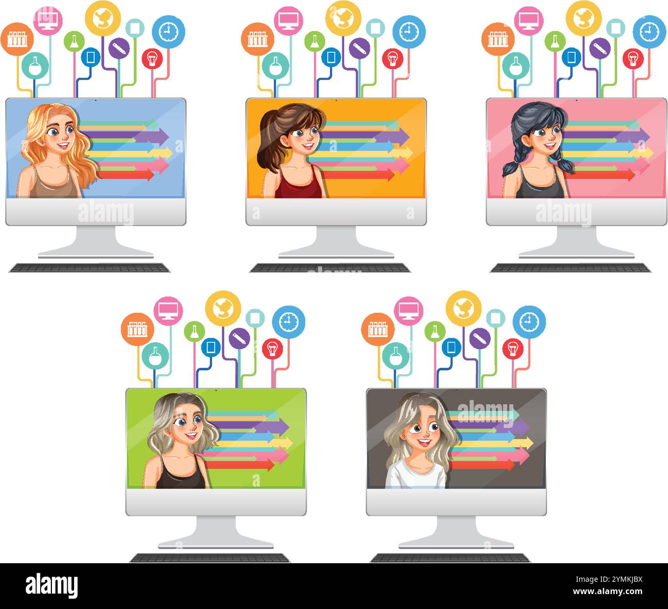 Five women collaborating online with various icons Stock Vector