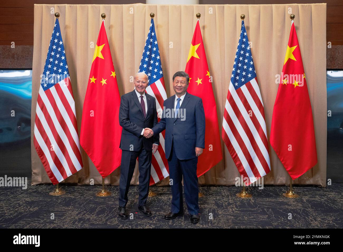 LIMA, PERU - 16 November 2024 - US President Joe Biden participates in a bilateral meeting with President Xi Jinping of China at the Delfines Hotel an Stock Photo