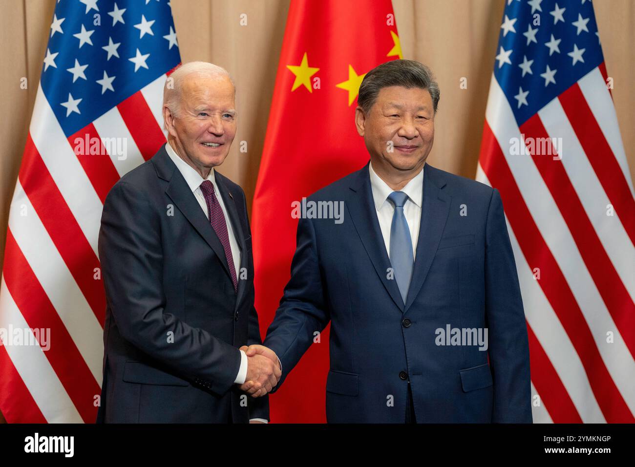 LIMA, PERU - 16 November 2024 - US President Joe Biden participates in a bilateral meeting with President Xi Jinping of China at the Delfines Hotel an Stock Photo