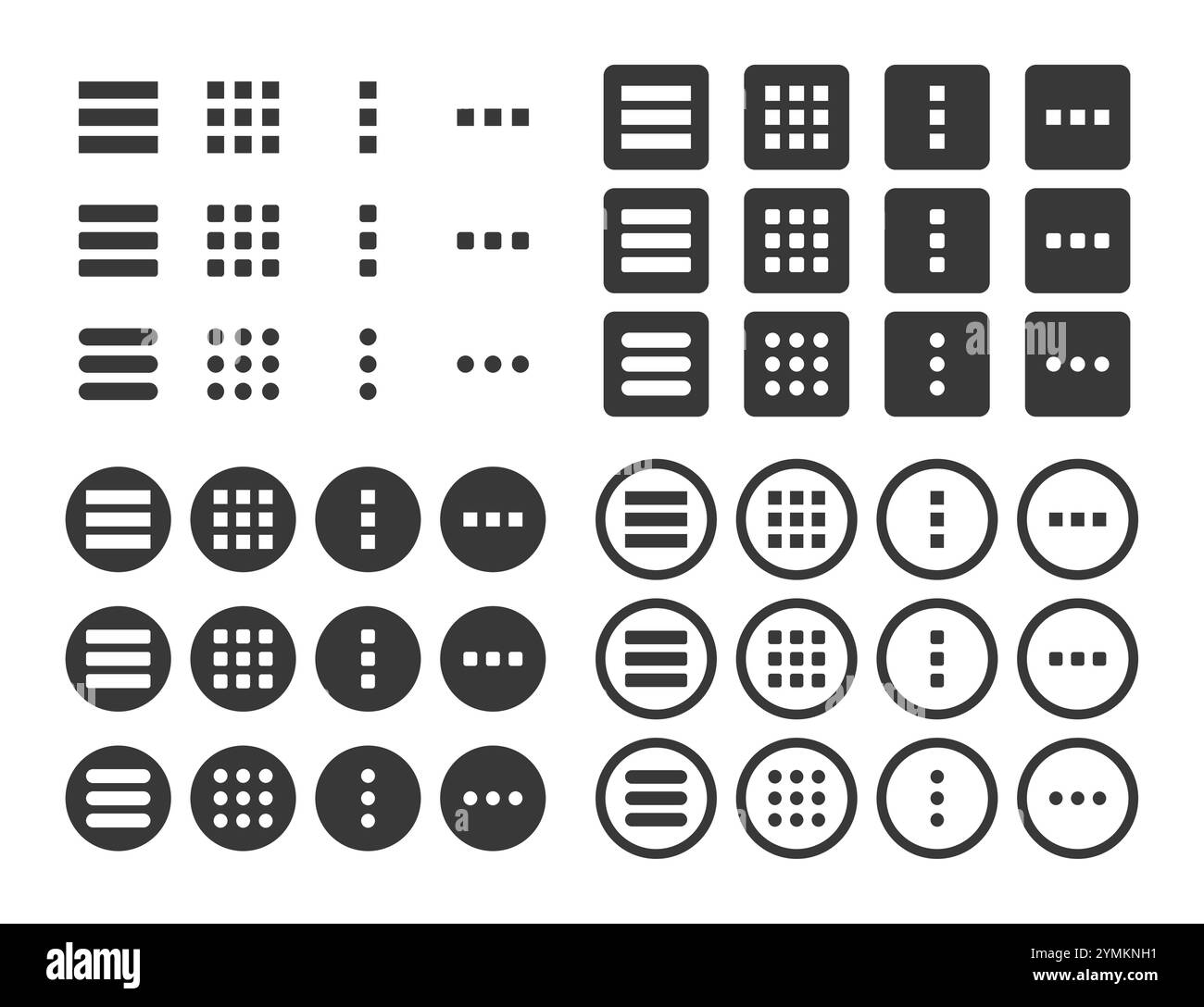 Hamburger menu symbol icons set. Menu icon for web and mobile apps. Buttons for website UI navigation. Vector illustration. Isolated on white backgrou Stock Vector