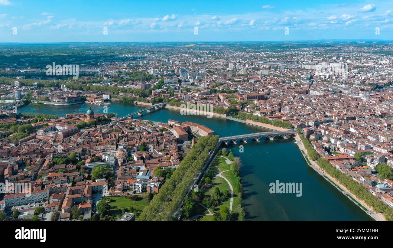 A stunning aerial panorama of Toulouse, France, with the iconic Garonne