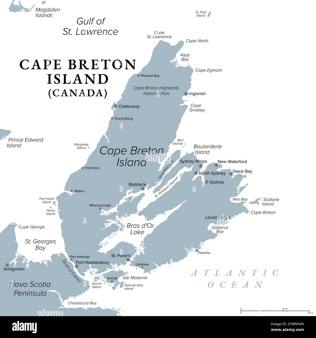 Cape Breton Island, Nova Scotia, Canada, gray political map. Rugged and irregularly shaped island on the Atlantic coast of North America. Stock Photo