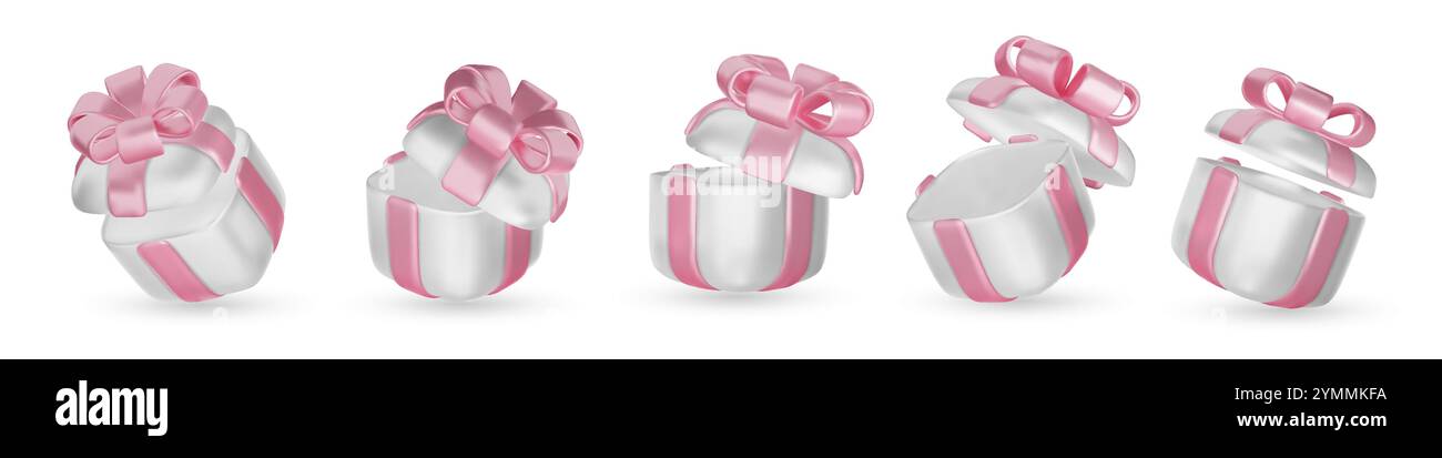 Set of realistic 3d render gift boxes. White gift box with pink bow and ...