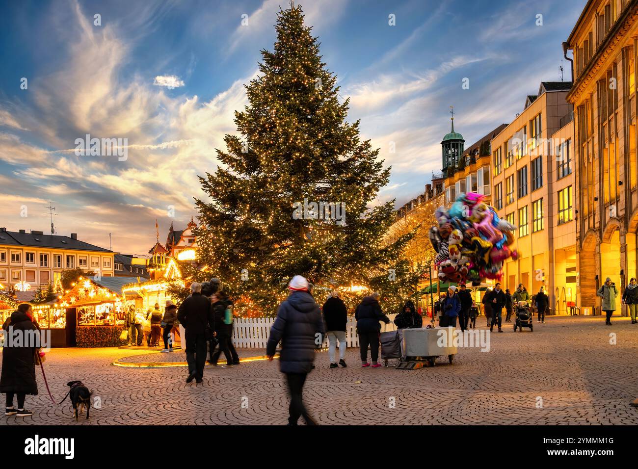 Christmas tree on the Christmas market in the town Darmstadt, Hesse, Germany Stock Photo