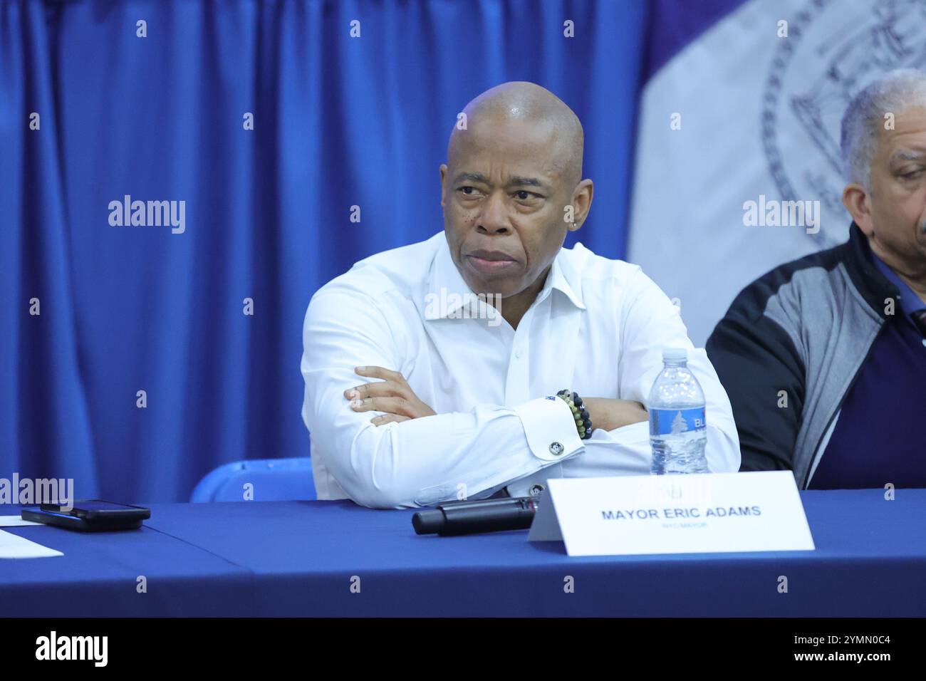 Jamaica, Queens, New York, November 21, 2024: Mayor Eric Adams hosts 'Talk with Eric: A Community Conversation' at 153-27 88th Avenue, Jamaica, NY, on Thursday, November 21, 2024. Residents gathered to engage with the mayor on key community issues, fostering dialogue and connection. Photo: Luiz Rampelotto/EuropaNewswire Stock Photo