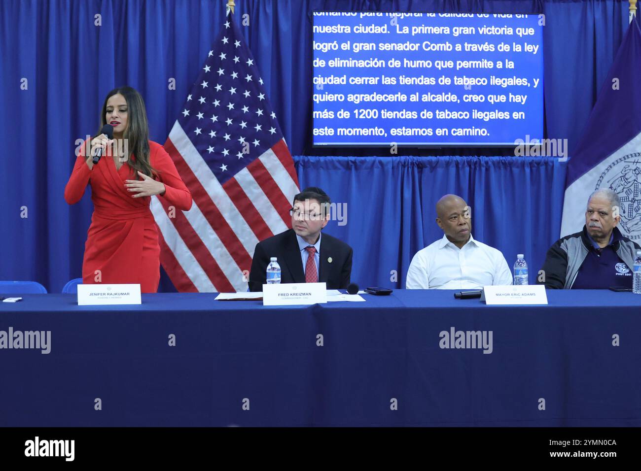 Jamaica, Queens, New York, November 21, 2024: Jenifer Rajkumar (New York State Assembly) along with Mayor Eric Adams hosts 'Talk with Eric: A Community Conversation' at 153-27 88th Avenue, Jamaica, NY, on Thursday, November 21, 2024. Residents gathered to engage with the mayor on key community issues, fostering dialogue and connection. Photo: Luiz Rampelotto/EuropaNewswire Stock Photo