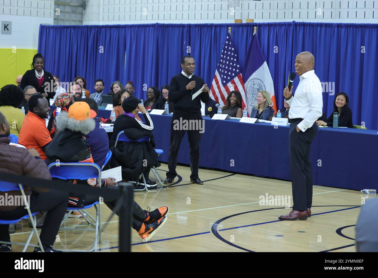 Jamaica, Queens, New York, November 21, 2024: Queens resident talk to Mayor Eric Adams hosts 'Talk with Eric: A Community Conversation' at 153-27 88th Avenue, Jamaica, NY, on Thursday, November 21, 2024. Residents gathered to engage with the mayor on key community issues, fostering dialogue and connection. Photo: Luiz Rampelotto/EuropaNewswire Stock Photo