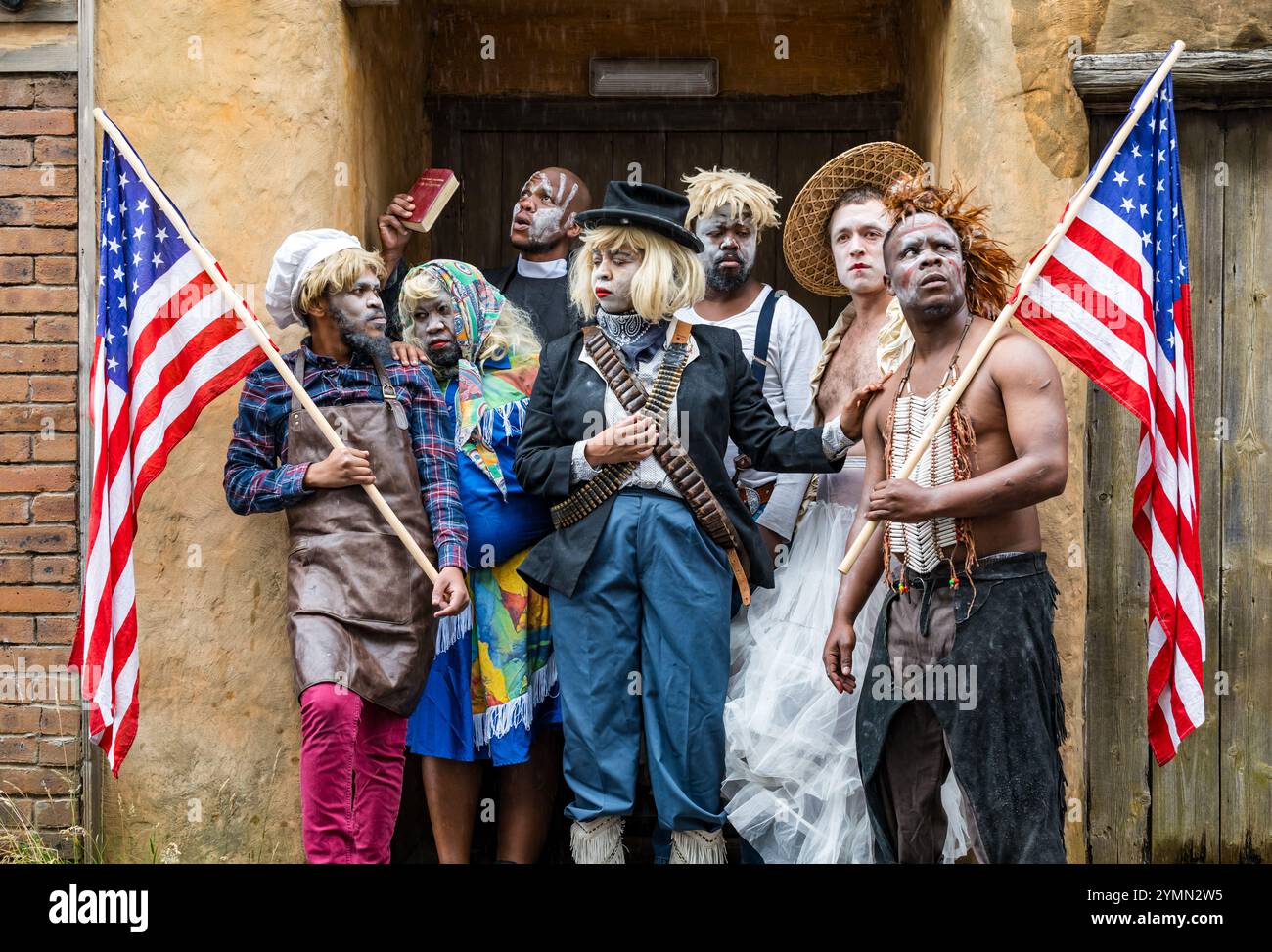 Fringe Festival show Dark Noon actors portray Cowboys, Native Americans, Missionary, Morningside’s Springvalley Gardens Wild Wes, Edinburgh, Scotland Stock Photo