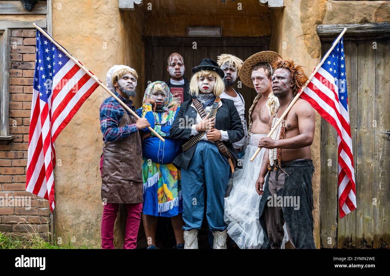 Fringe Festival show Dark Noon actors portray Cowboys, Native Americans, Missionary, Morningside’s Springvalley Gardens Wild Wes, Edinburgh, Scotland Stock Photo
