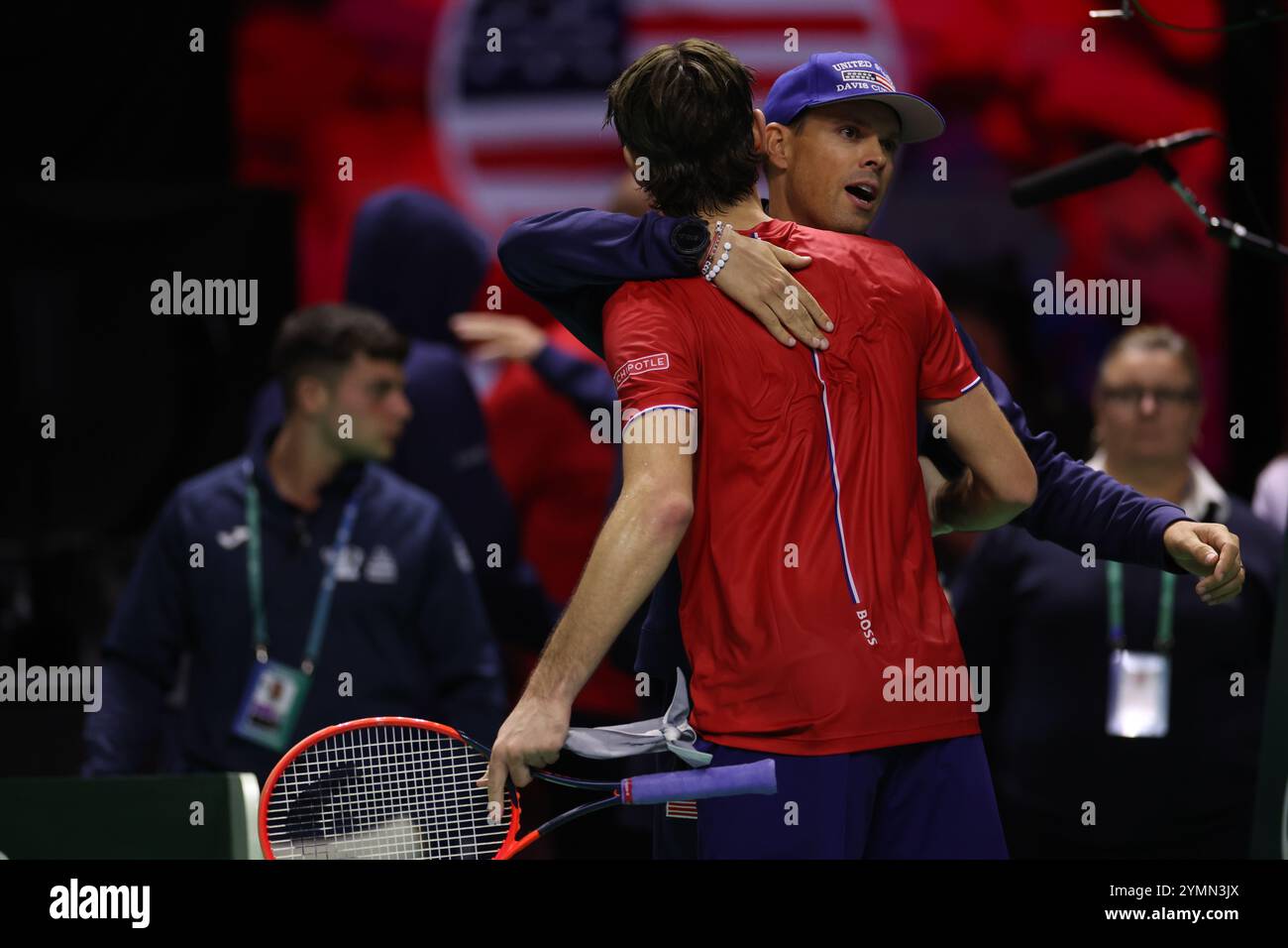 Malaga, Spain. 21 November, 2024. Taylor Fritz of the U.S., after winning to Alex de Minaur, of Australia, at the 2024 Davis Cup quarter finals, at Palacio de Deportes Jose Maria Martin Carpena Arena in Malaga. Credit: Isabel Infantes/Alamy Live News Stock Photo