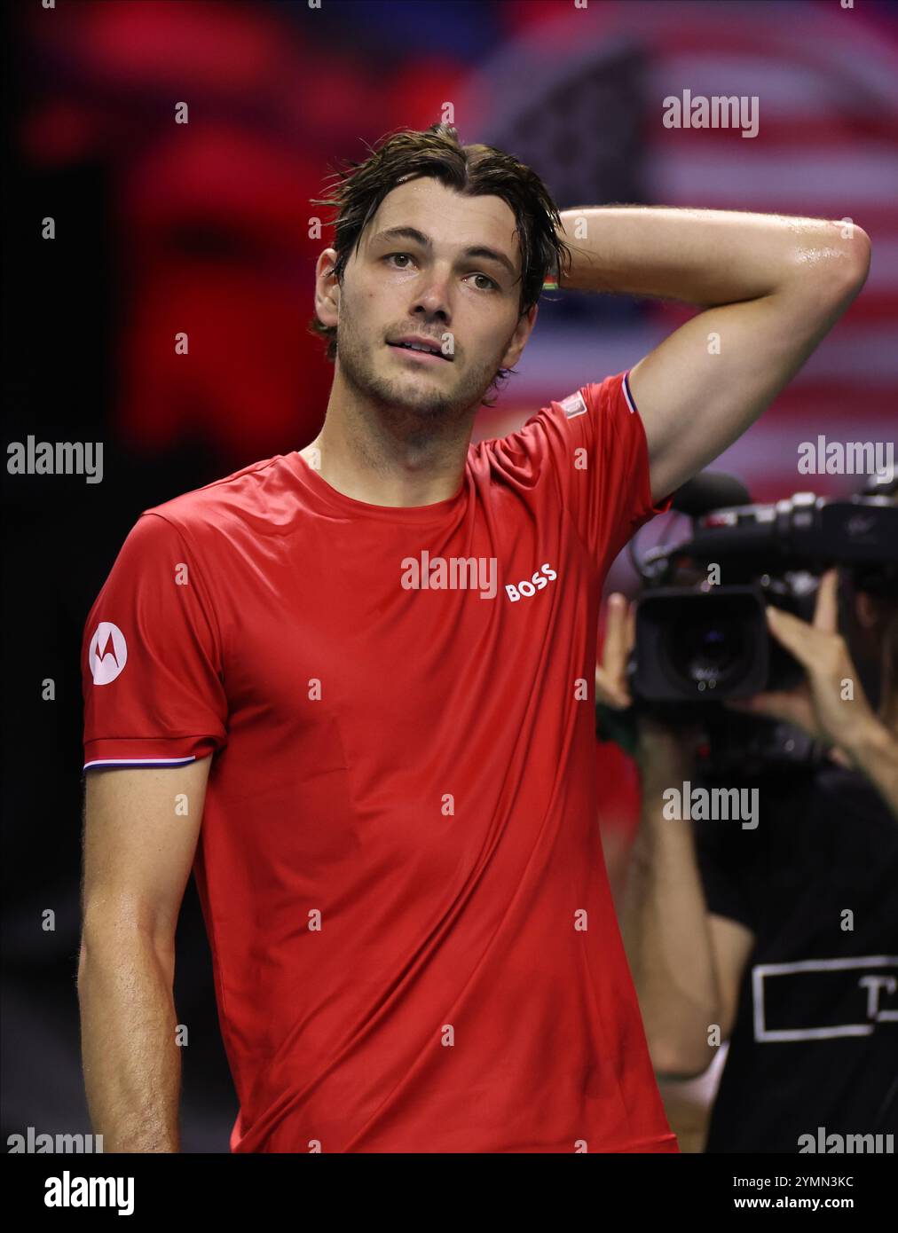 Malaga, Spain. 21 November, 2024. Taylor Fritz of the U.S., after winning to Alex de Minaur, of Australia, at the 2024 Davis Cup quarter finals, at Palacio de Deportes Jose Maria Martin Carpena Arena in Malaga. Credit: Isabel Infantes/Alamy Live News Stock Photo