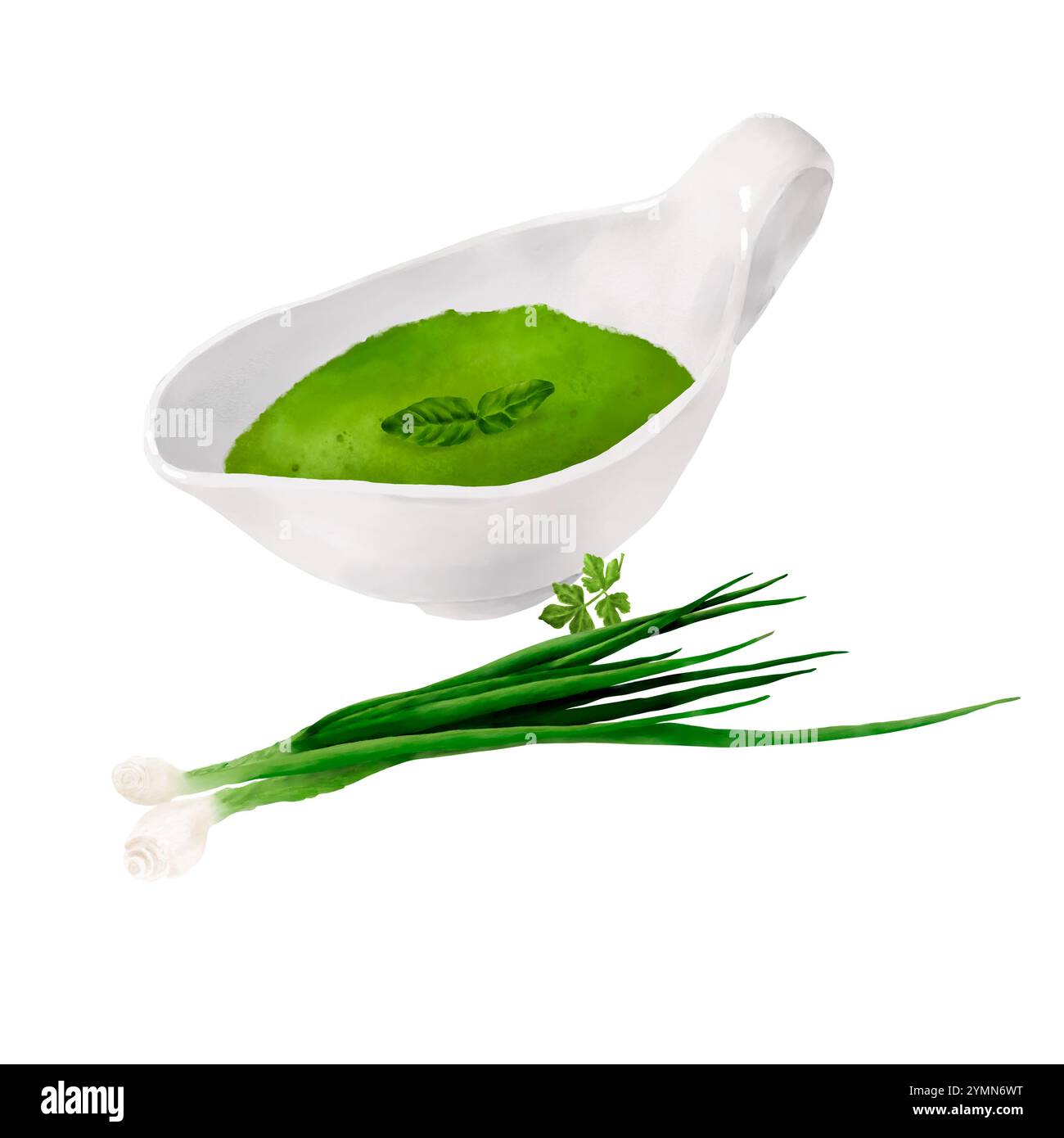 Green sauce with a sprig of parsley in an elegant porcelain sauceboat. Watercolor digital illustration. Pesto sauce in a glass cup and a bunch of onio Stock Photo