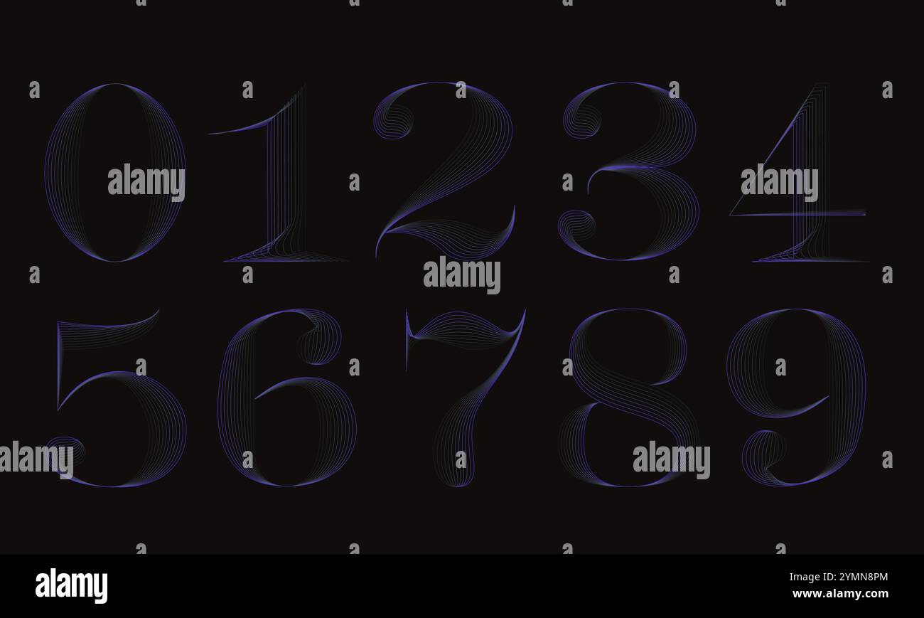 Set of blue vector numbers with smooth transition, in sleek outline ...