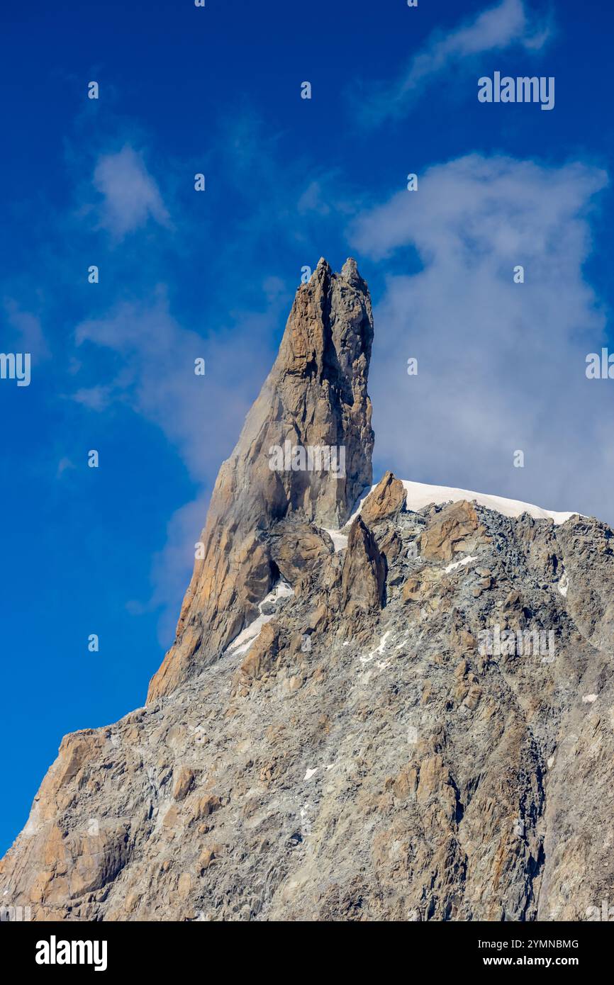 Dente di Gigante mountain summit in Italian Alps. Massiv du Mont Blanc, Monte BIanco di Courmayeur. Dent du Geant peak view from Skyway Montebainco Stock Photo