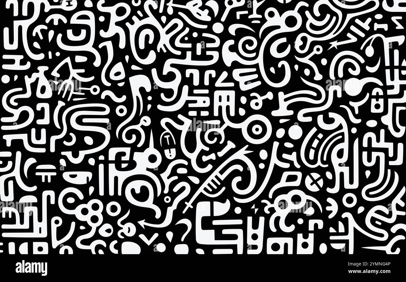 black and white pattern with an abstract pattern of letters Stock Vector