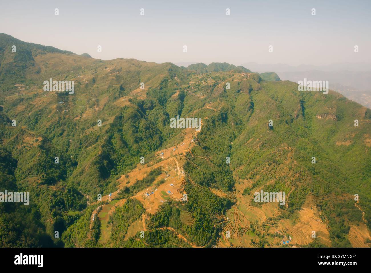 Aerial view of green and colorful rice field terraces, Nepal. High ...