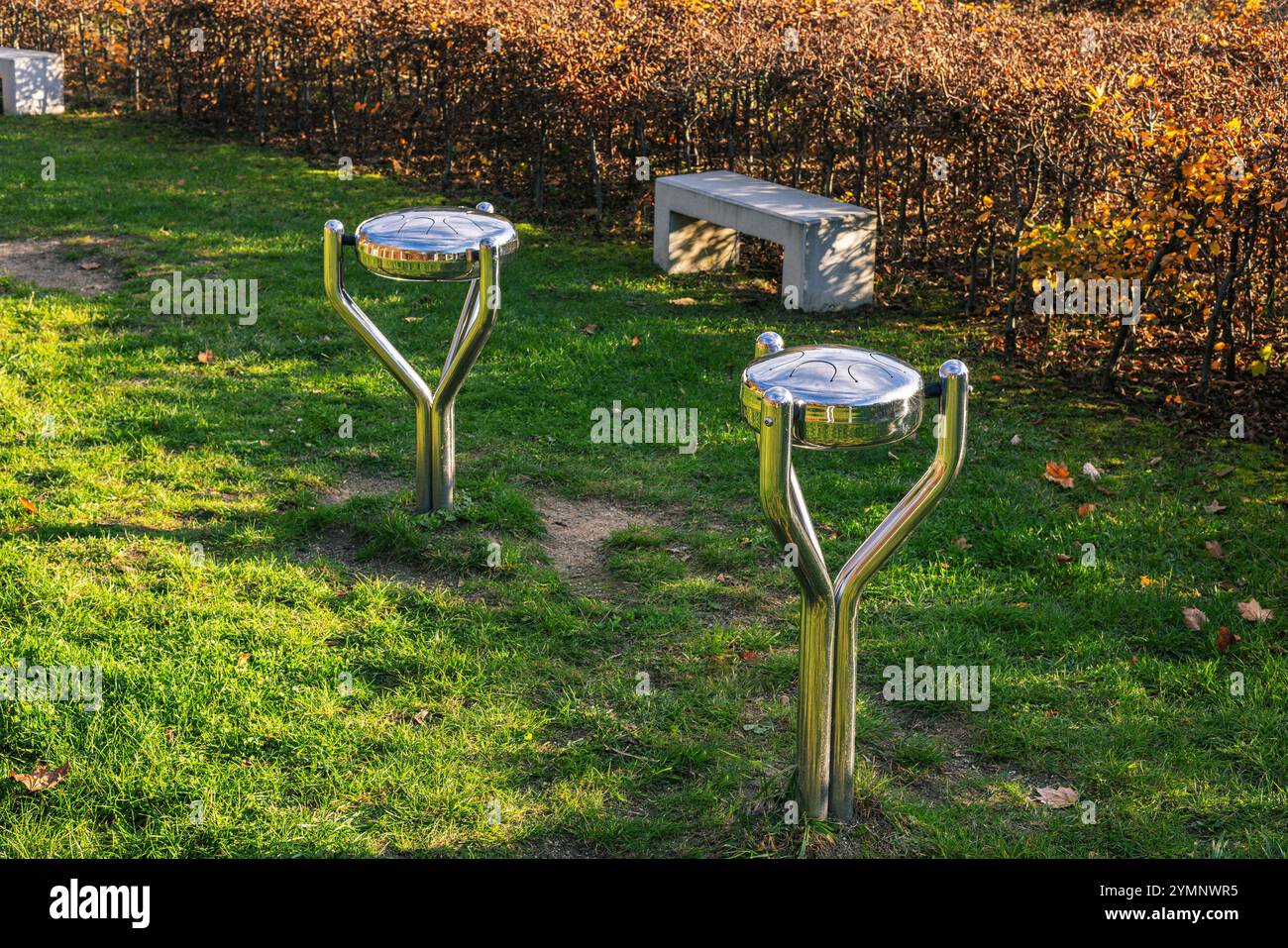 Two handpans in a park on a green grass. High quality photo Stock Photo