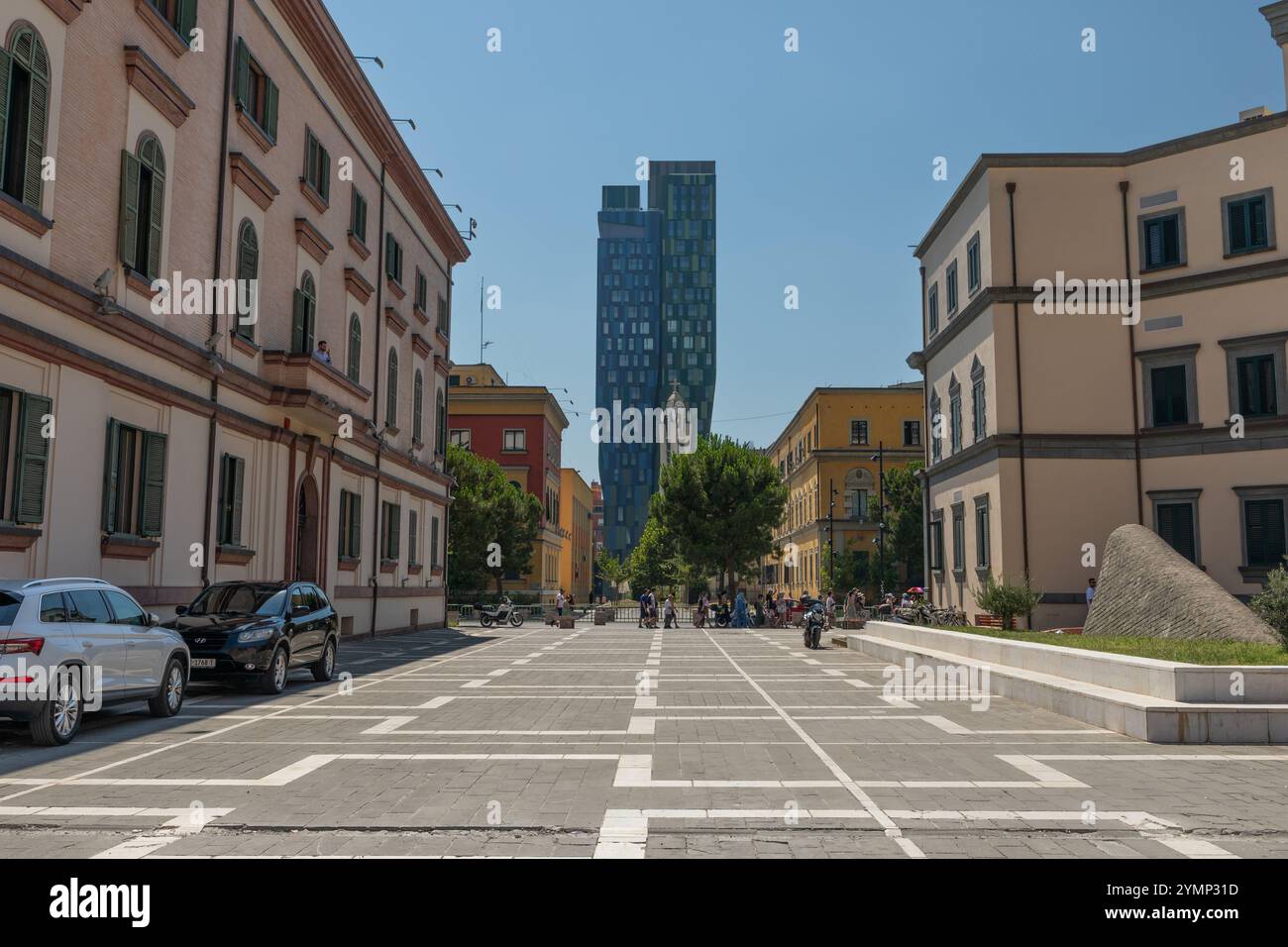 A view of the 4-Ever Green Tower block in Tirana, Albania Stock Photo