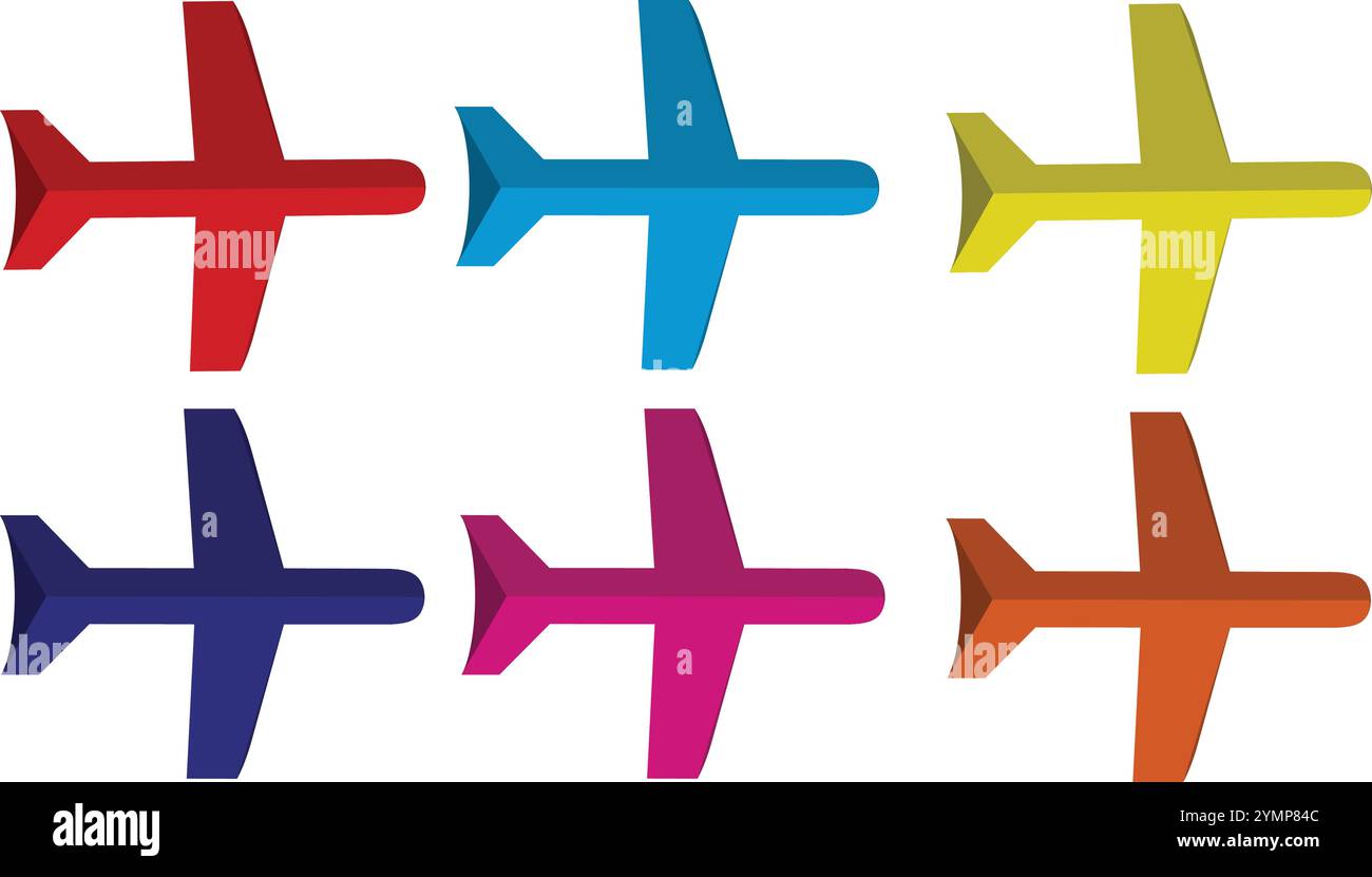 Six airplane logo icon 3d graphics in red sky blue pink yellow orange isolated on transparent white background Stock Vector