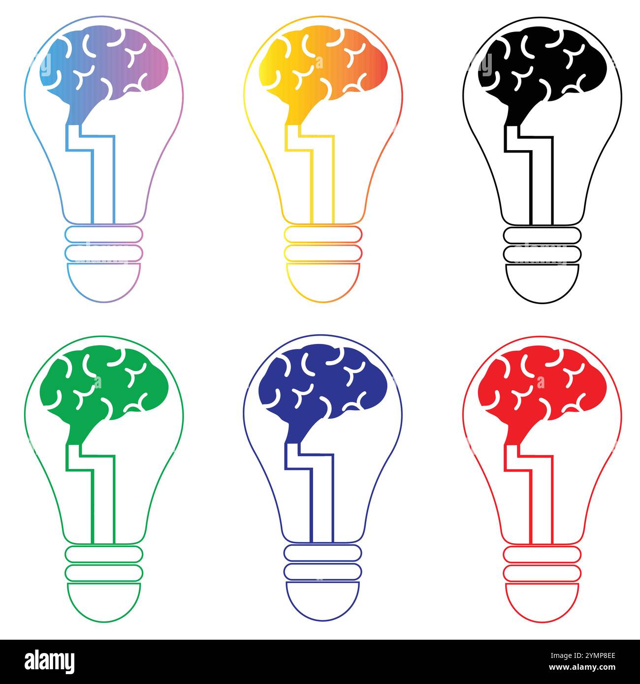 Idea bulb set with brain isolated on white background Stock Vector