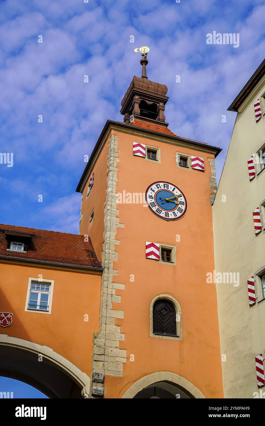 Regensburg, Germany - 09 09 2024: Beautiful aerial view of Regenesburg, its massive gothic St Peter cathedral, the Danube river and the Old Stone Brid Stock Photo