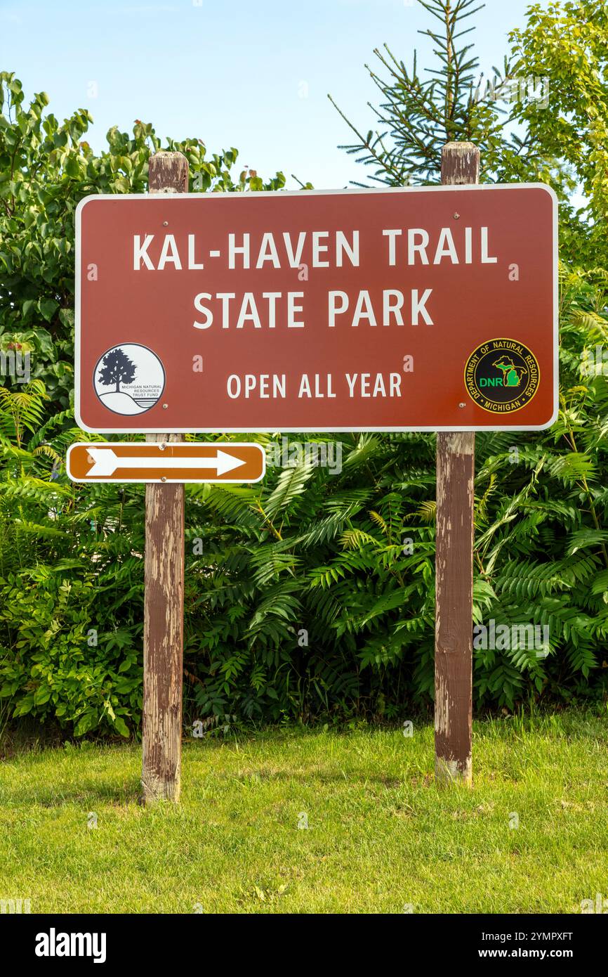 Trail sign, Kal-Haven Trail Sequicentennial State Park, Kalamazoo, Michigan, USA, by James D Coppinger/Dembinsky Photo Assoc Stock Photo