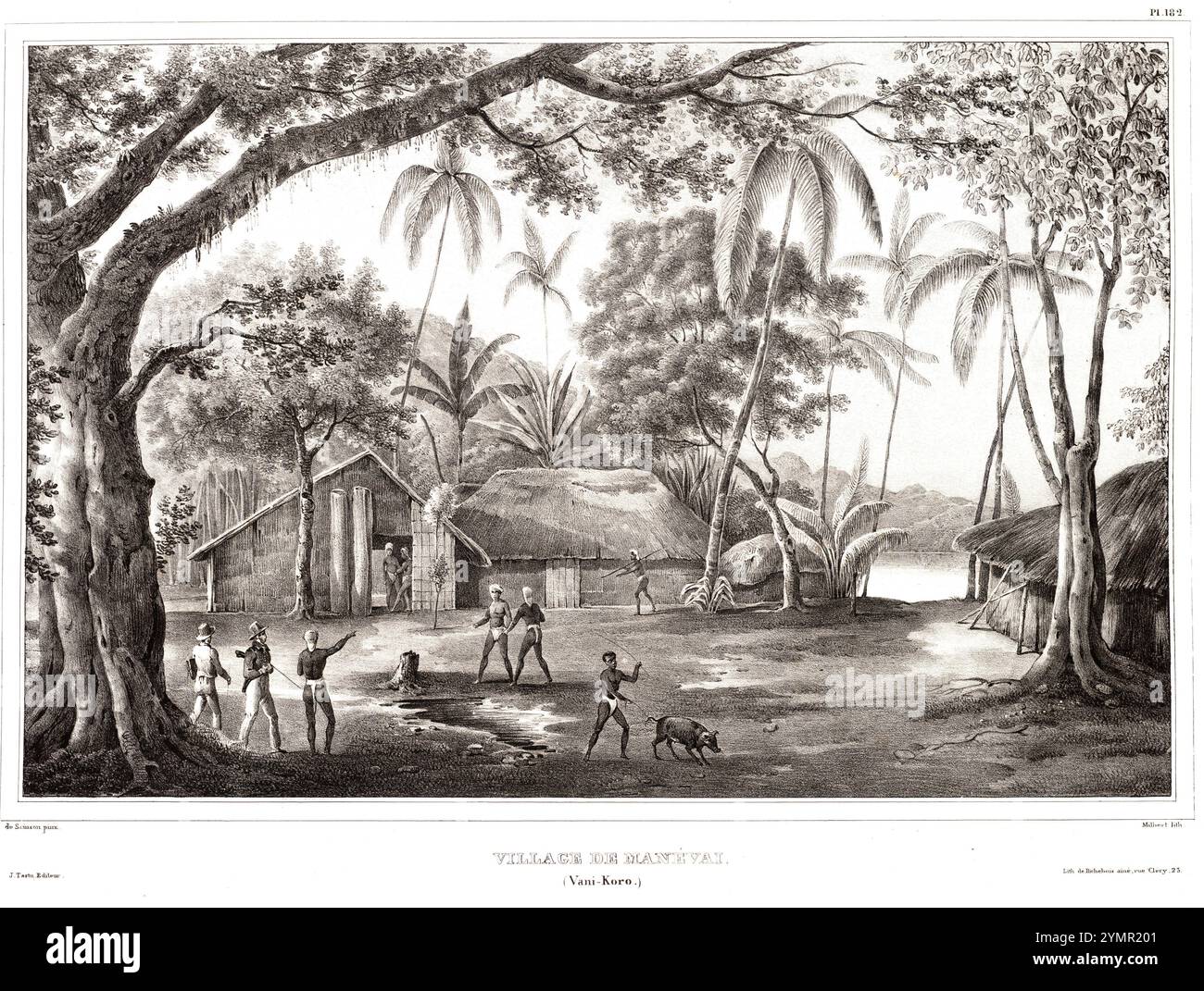 French captain Dumont d'Urville visits the village of Manevai in Vanikoro. He  identified the site of La Pérouse's shipwreck in Vanikoro (one of the Santa Cruz Islands, part of the archipelago of the Solomon Islands). Jules Sébastien César Dumont d'Urville (1790 – 1842) was a French explorer and naval officer who explored the south and western Pacific, Australia, New Zealand, and Antarctica. Stock Photo