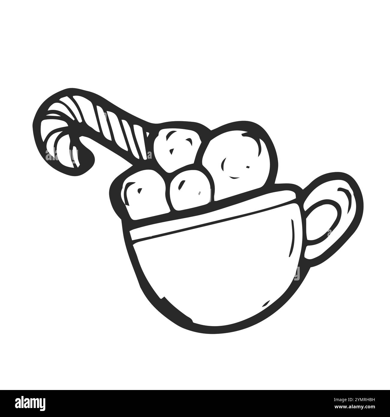 Cup of hot cocoa with marshmallows and candy cane isolated on white background. Vector hand-drawn illustration in doodle style. Perfect for holiday an Stock Vector