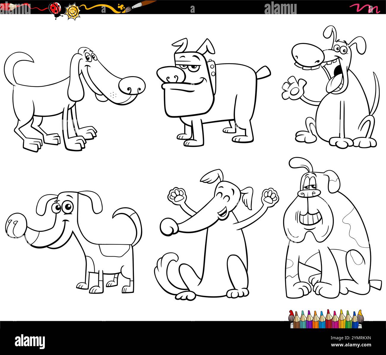 Cartoon illustration of funny dogs animal characters set coloring page ...