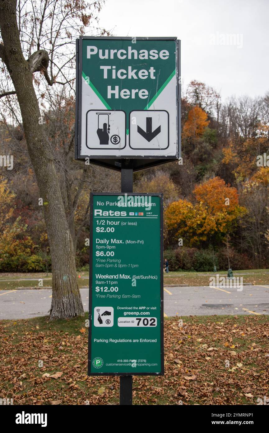 Purchase parking ticket sign at Bluffer's Park in Scarborough, Toronto, Ontario, Canada Stock Photo