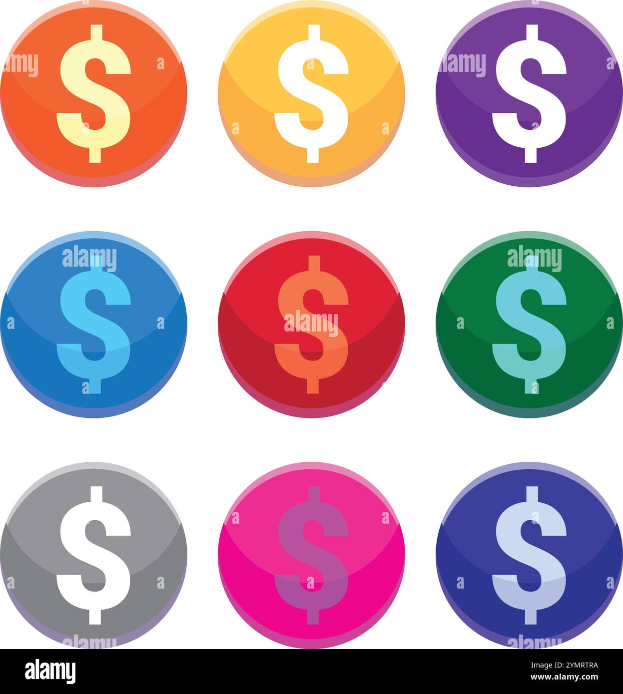 Dollar Sign Coin Circle Orange Yellow Purple Blue Red Green Silver Pink Isolated on white Transparent Background Stock Vector