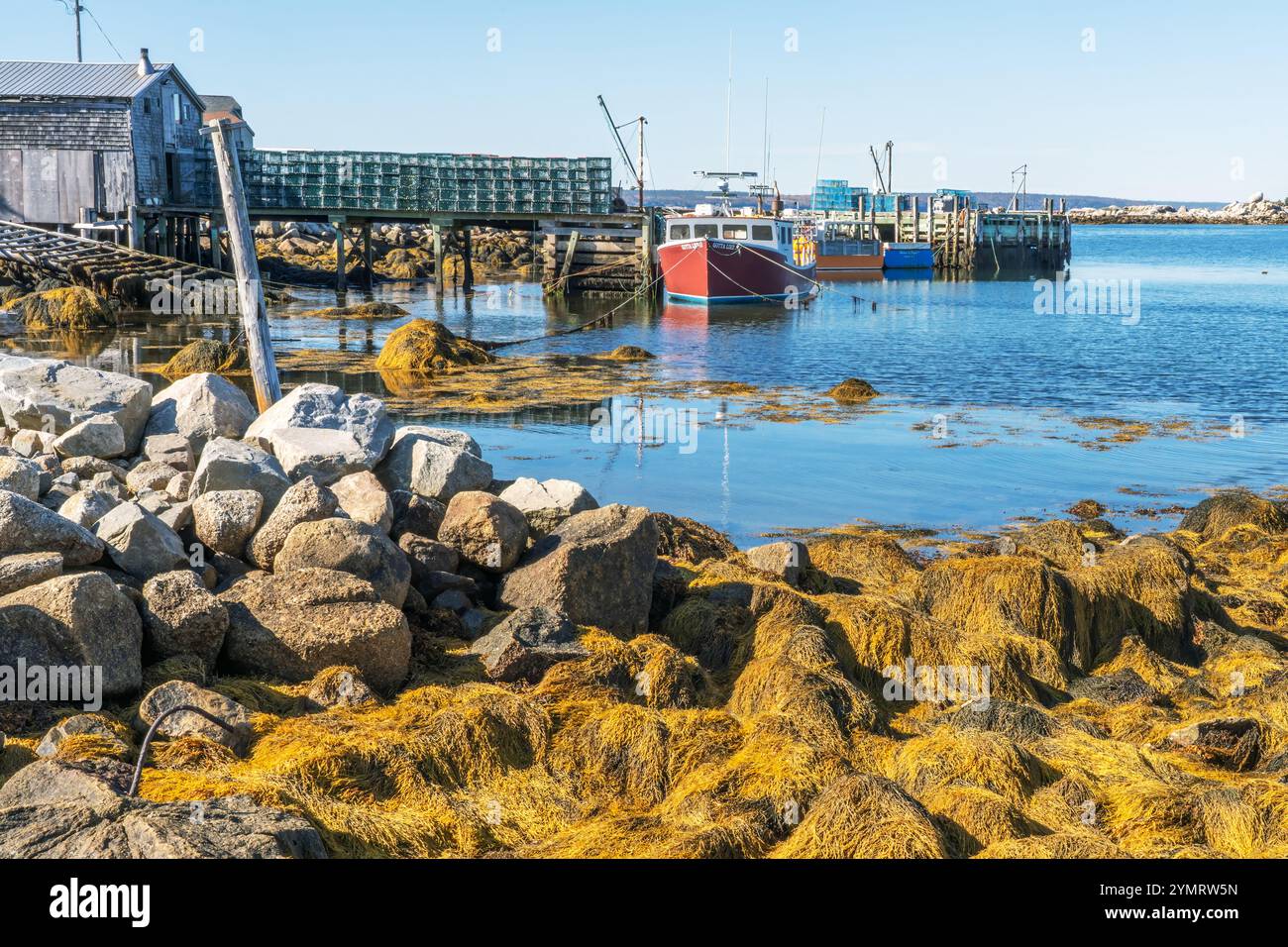 Fishing boats tied up in a small protected harbour on the South Shore of Nova Scotia near Peggys Cove. Stock Photo