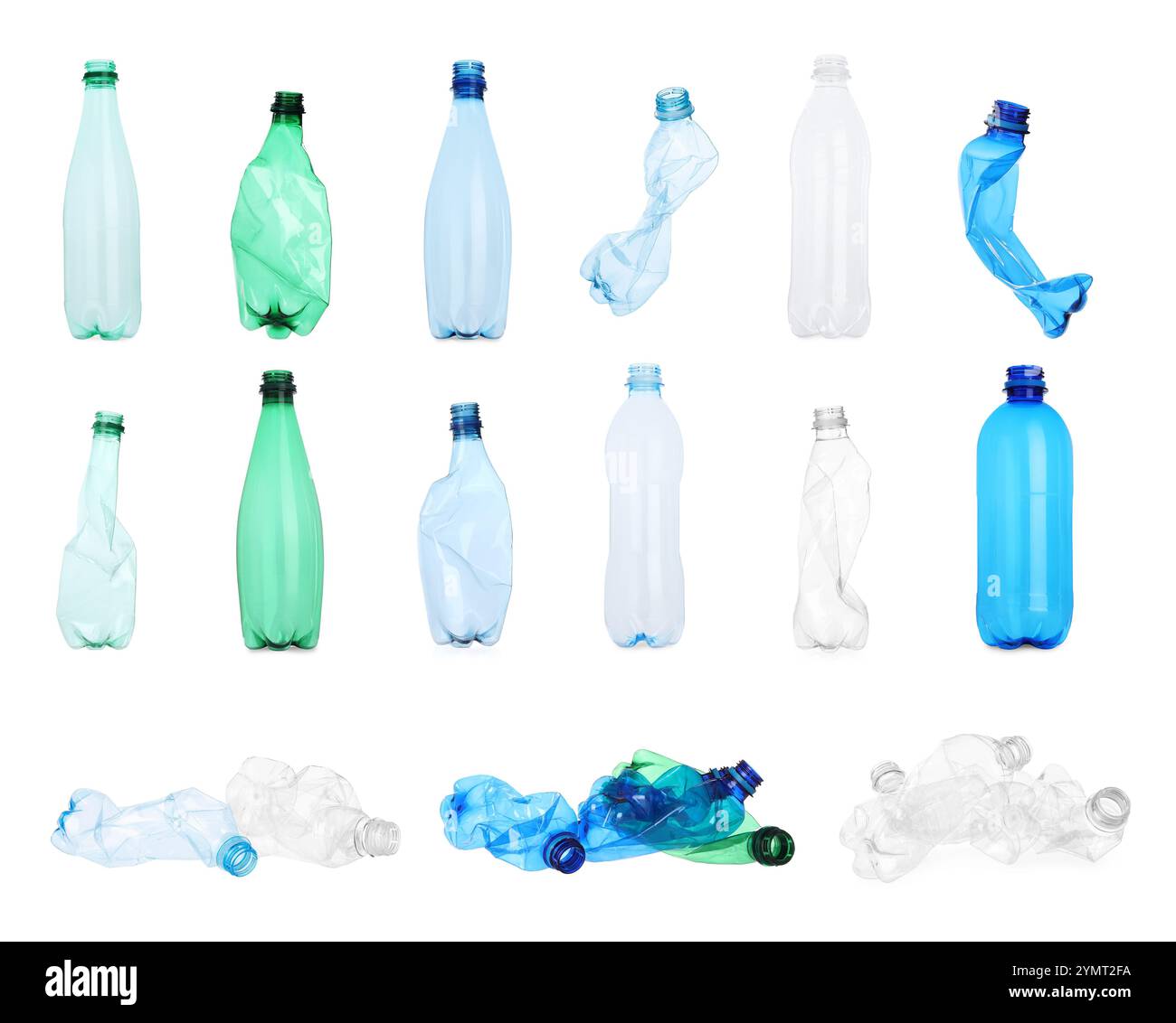 Whole and crumpled plastic bottles on white background, collage Stock ...