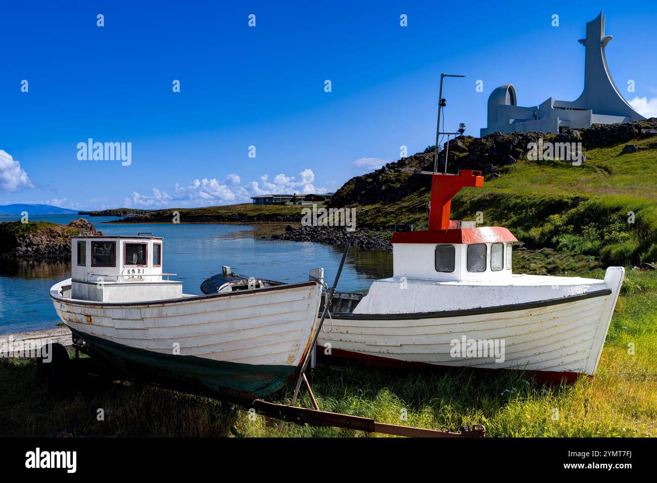 Fishing boat on Maðkavík Bay shore.  Stykkishólmur, Iceland Stock Photo