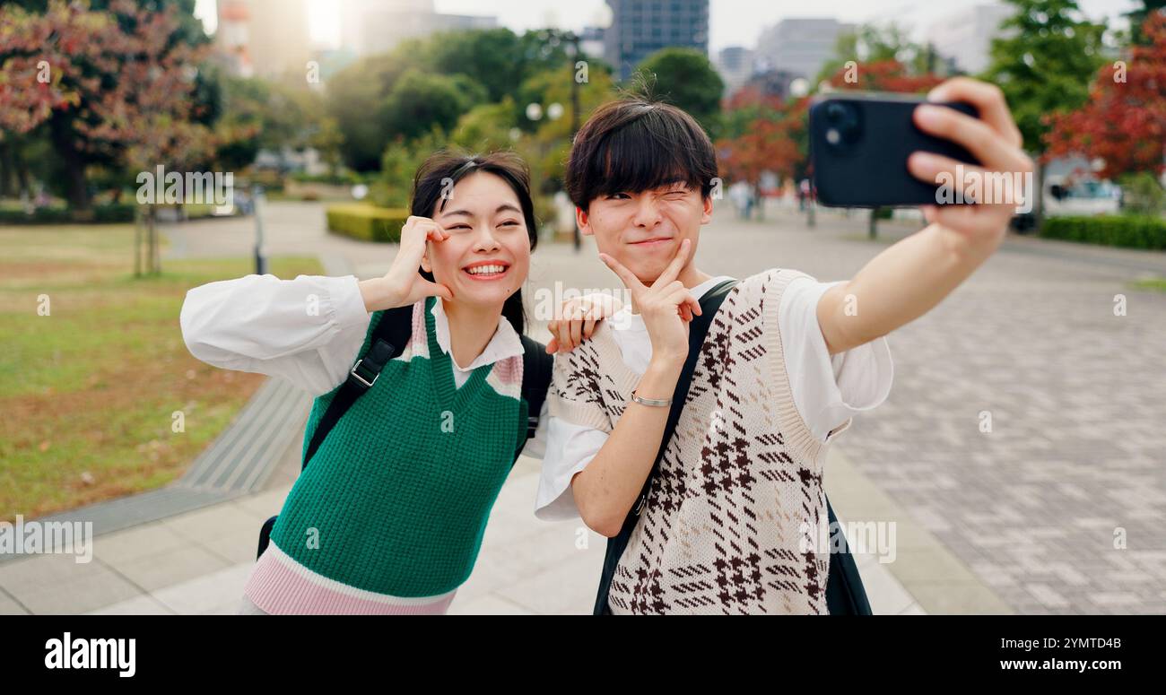 Happy man, woman and selfie in city for social media, live stream and ...