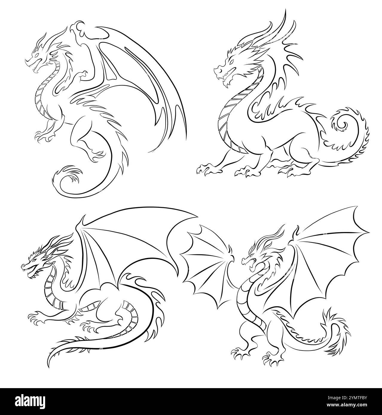 Vector Monochrome Set Of Various Dragon Contour Clip Arts Collection 