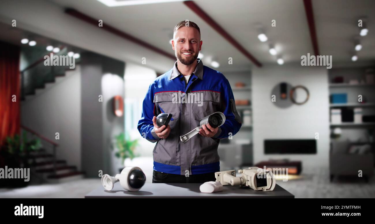 Technician Using Surveillance Security Camera Video System Stock Photo