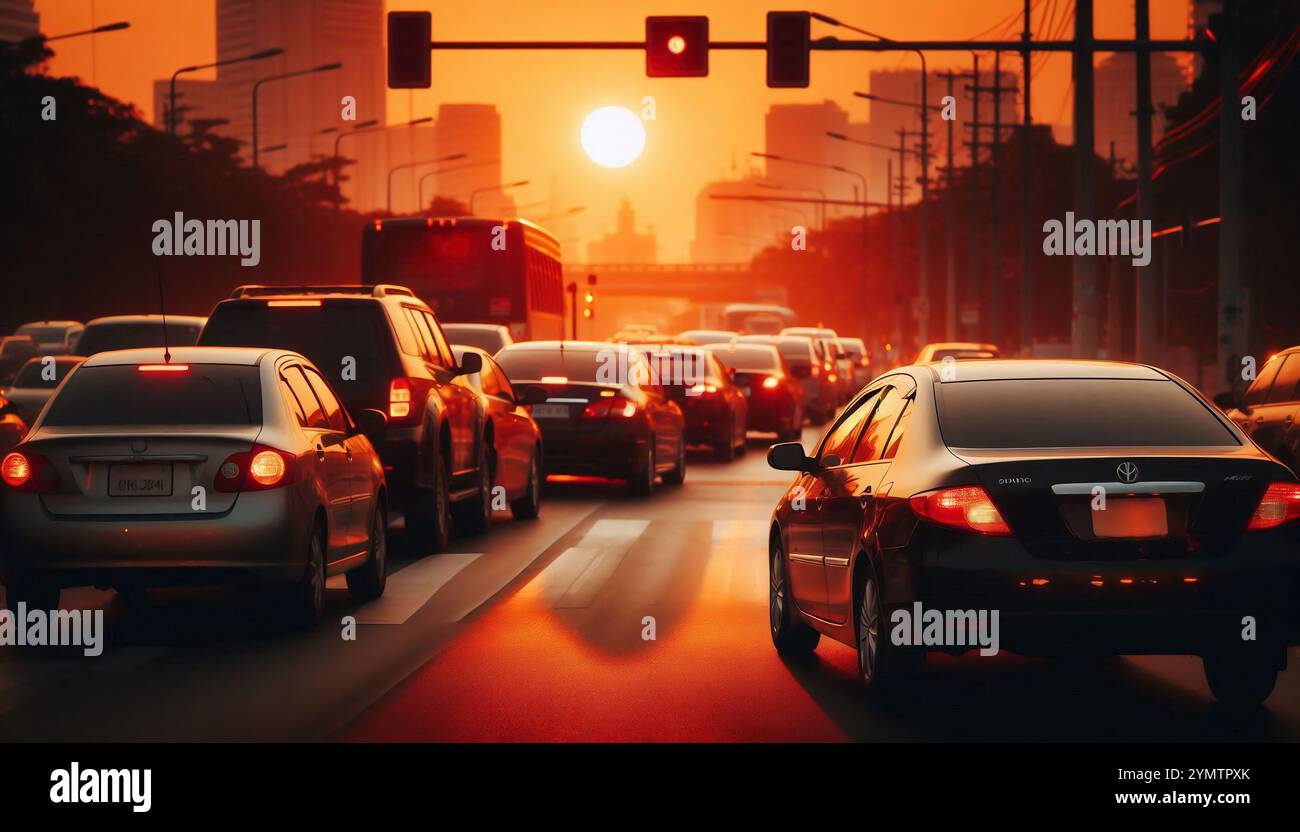 viele Autos an einer roten Ampel Stock Photo