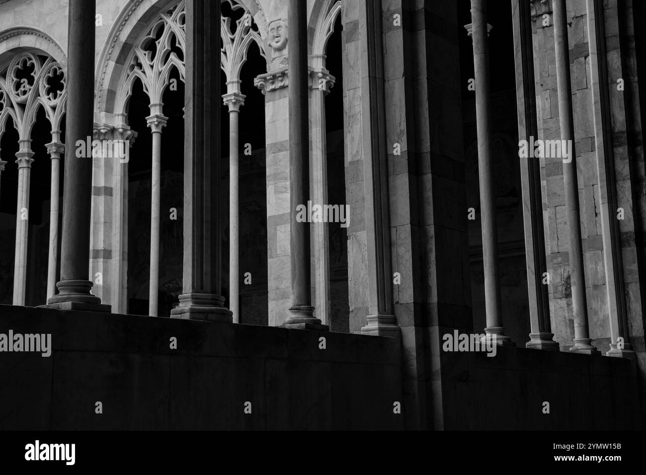 Interior of The Camposanto Monumentale, the ancient cemetery and mausoleum with sculptures, statues and tombs in the Square of Miracles in Pisa Stock Photo