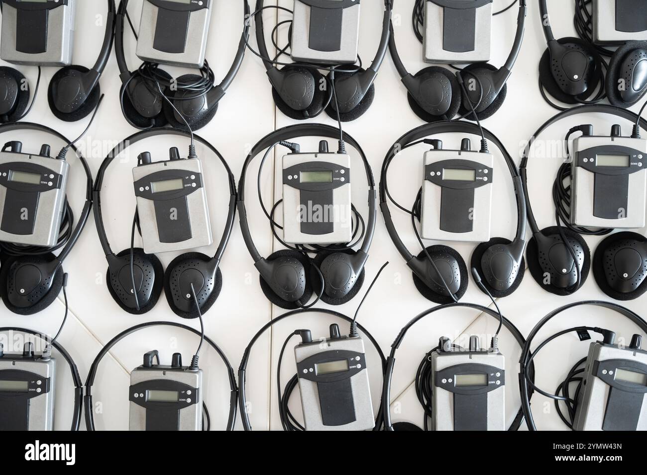 Headphones for translation. headphones used for simultaneous translation equipment (simultaneous interpretation equipment) Stock Photo