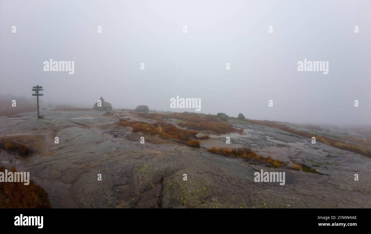 Foggy mountain summit with wet rocky terrain and a trail signpost Stock ...