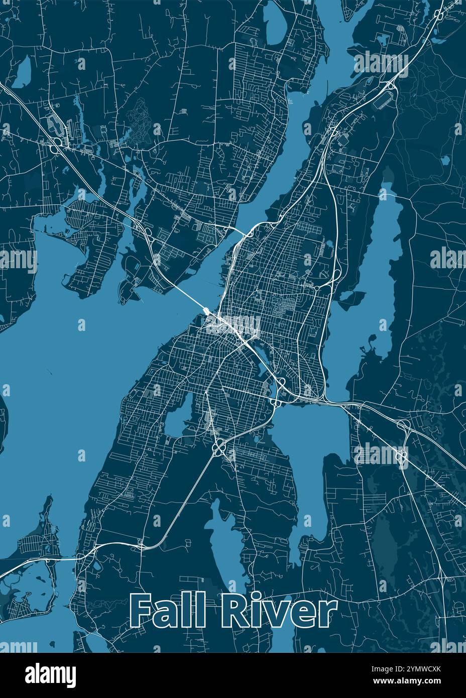 The image showcases a detailed map of Fall River, Massachusetts ...