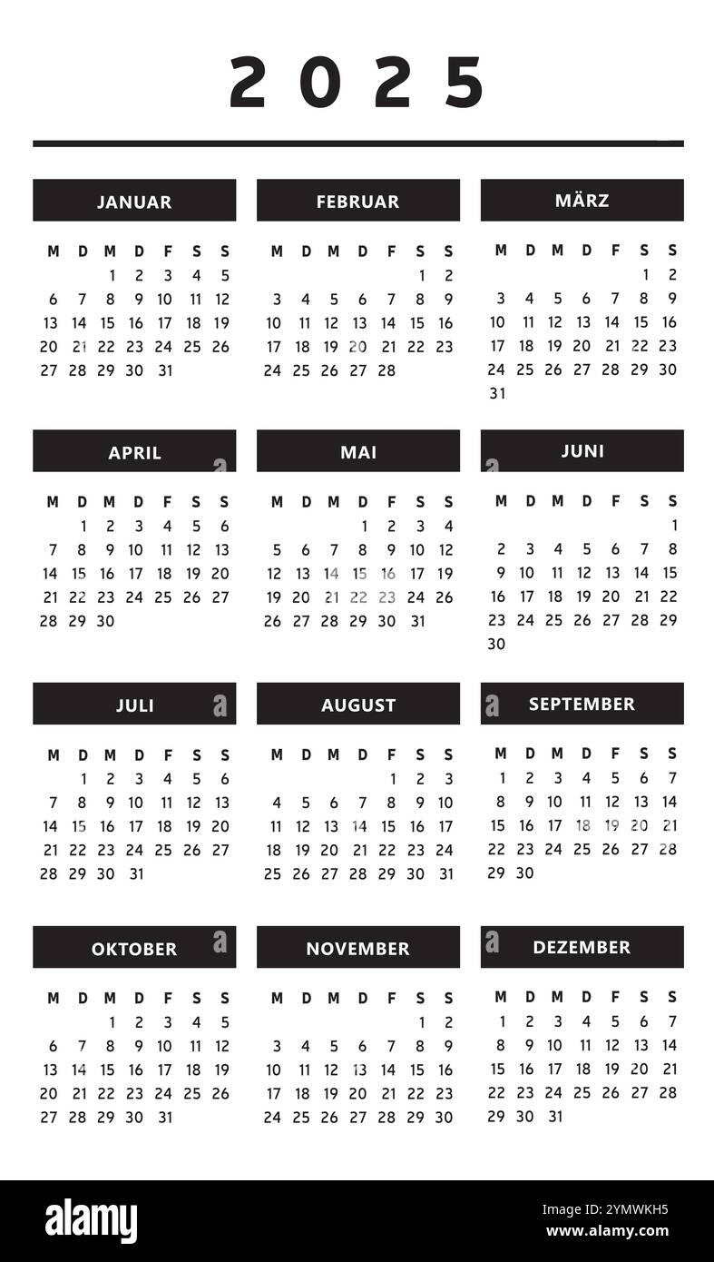 2025 Calendar with Boxes in Black and White 3 Columns - German Stock ...