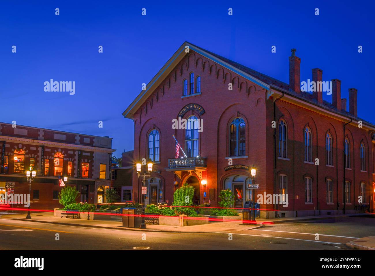 Andover, MA, USA-June 08, 2024. Night scene of Andover’s historic Old